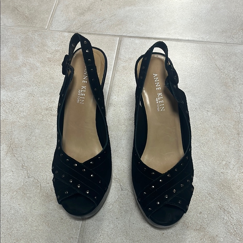 Anne Klein Black Studded peep toe Slingback Wedges